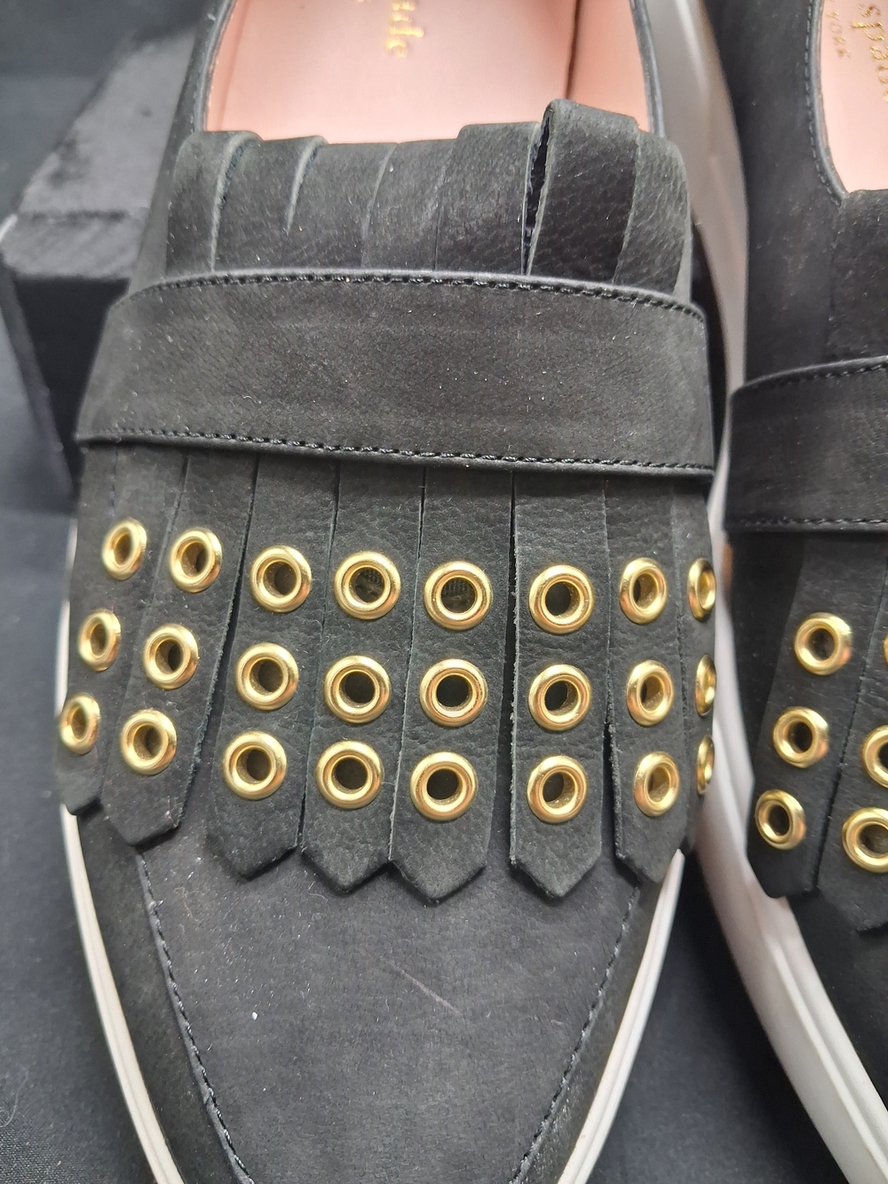 kate spade Black Suede Loafers with Gold Eyelet Detail - Picture 8 of 12